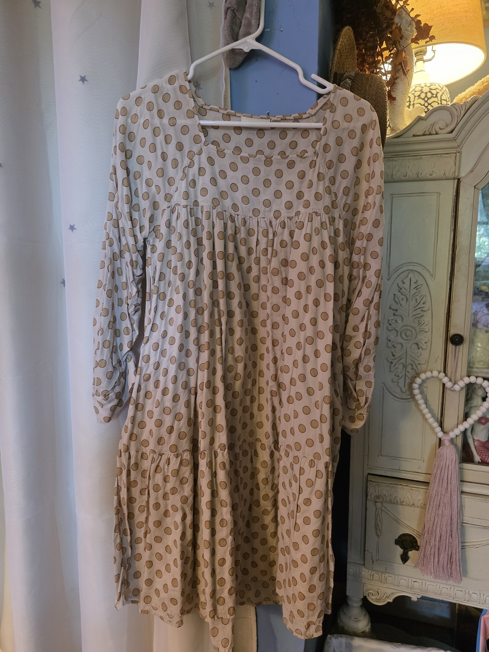 Polka Dot Smocked Yoke Tunic Dress - Beige/Tan SMALL